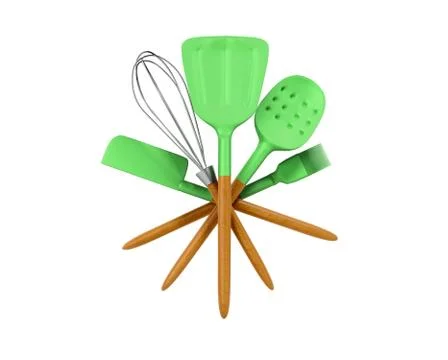 Set green of kitchen tools 3d render on white Stock Illustration