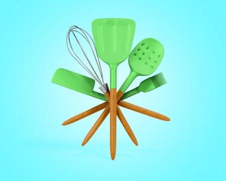 Set green of kitchen tools 3d render on blue Stock Illustration