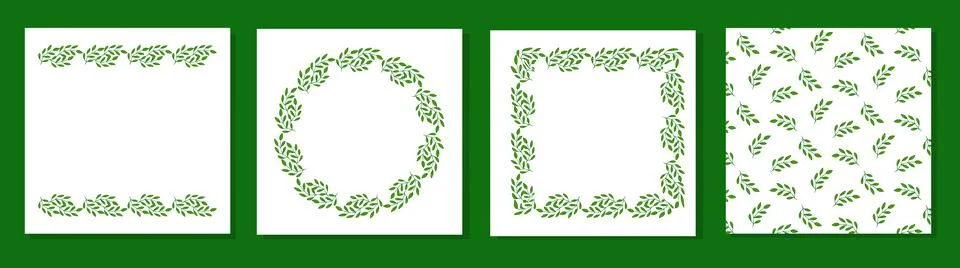 Set of green leaf frames and seamless pattern. Includes square, oval, and b.. 스톡 일러스트