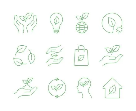 Set of green linear icons with a leaf as the main element, ecology concept Stock Illustration