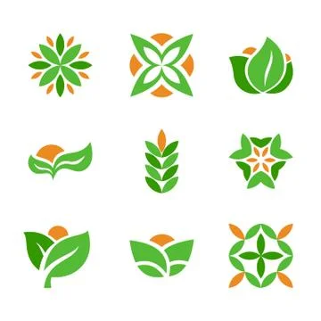 Set of green logos template. Creative natural and eco symbols with leaf shape. Stock Illustration