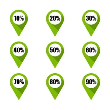 Set of green map pins with different percentage. Isolated Stock Illustration