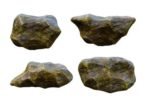 Set of green moss rocks isolated on white background. Stones for product disp Stock Photos