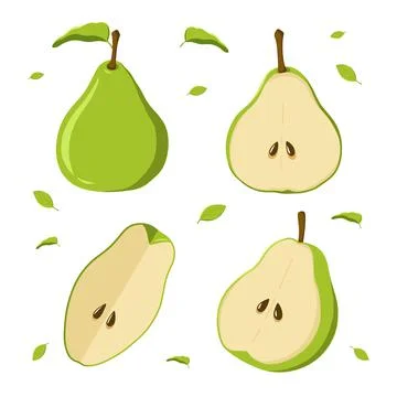 A set of green pears in different positions. Whole fruit, half, quarter. Vect Stock Illustration
