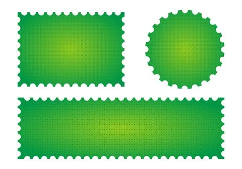 Set of green perforated stamp shaped frames rectangle, circle, and banner o.. 스톡 일러스트