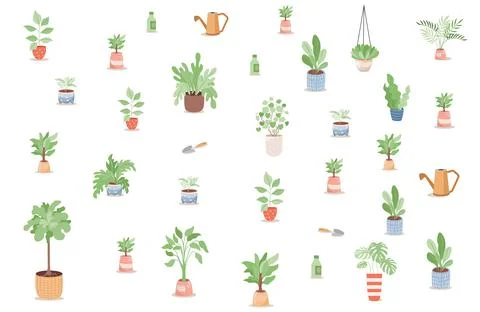 Set of green plants, trees and flowers in pots and gardening tools vector flat Illustrazione stock