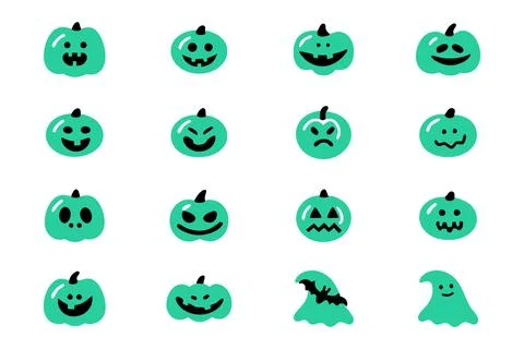 A set of green pumpkins with different expressions Illustrazione stock