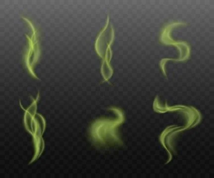 Set of green smoke clouds on transparent background, realistic vapor steam Stock Illustration