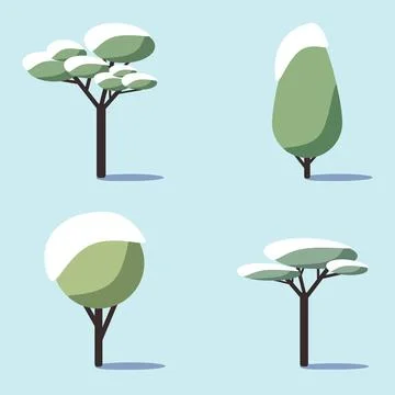 A set of green snow-covered deciduous trees with shadows. Design element for  Stock Illustration