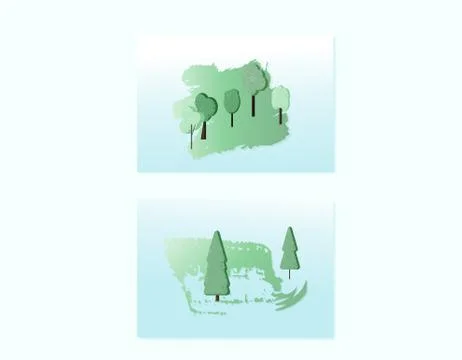 Set of green trees compositions background. Flat cards with decorations desig Stock Illustration