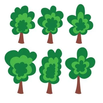 Set of green trees for design environment doodle cartoon style. Vector illust Stock Illustration