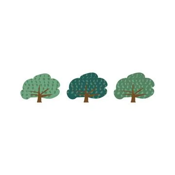 Set of green trees doodle drawing Cute plants with texture Hand drawn flat ve Stock Illustration