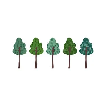 Set of green trees doodle drawing Hand drawn flat vector illustration in cart Stock Illustration