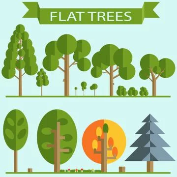 Set of Green Trees Flat Design Stock Illustration