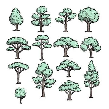 Set of green trees illustration vector sketch with black lines Иллюстрация