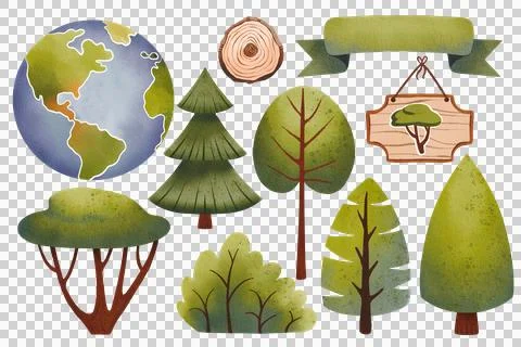 Set of green trees or forest elements for the environment or garden. Illustrazione stock