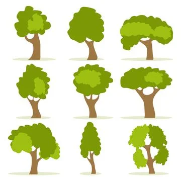 Set of green trees with shadow. Set of nine trees isolated on a white Stock Illustration