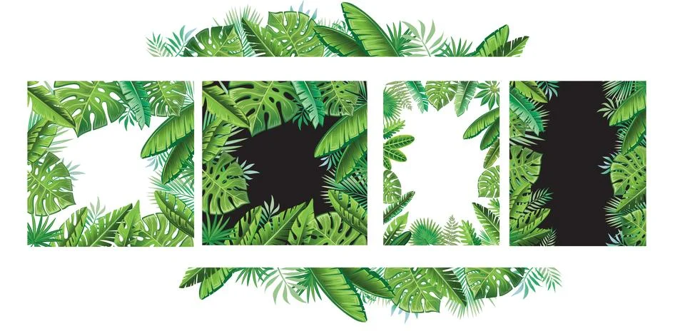 Set of green tropical leaves frames Stock Illustration