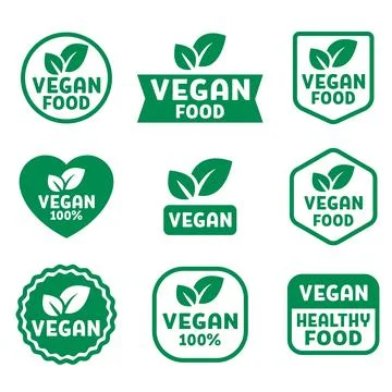 A set of green vegan emblems and badges with text like "VEGAN FOOD" and "10.. イラスト素材