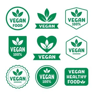 A set of green vegan emblems and badges with text like "VEGAN FOOD" and "10.. Stock Illustration