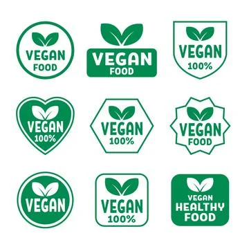A set of green vegan emblems and badges with text like "VEGAN FOOD" and "10.. Stock Illustration