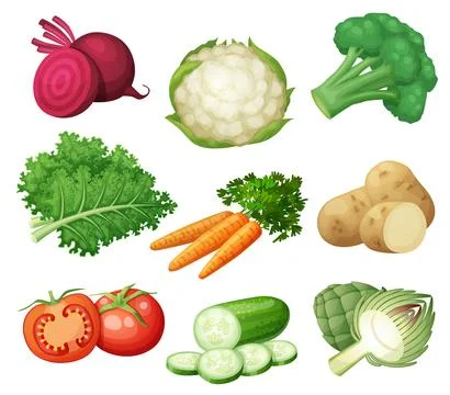 Set of green vegetables vector icons isolated on white background. Cartoon Stock Illustration