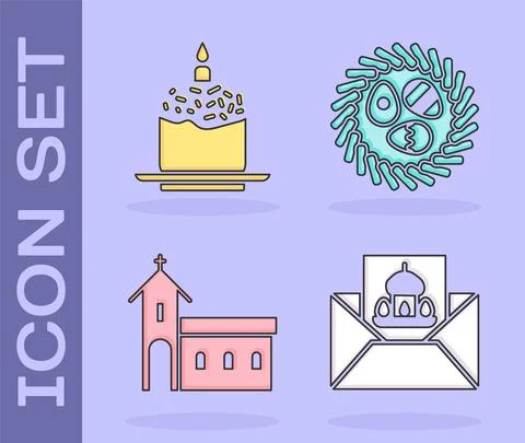 Set Greeting card with Happy Easter, Easter cake and candle, Church building and Ilustración de archivo