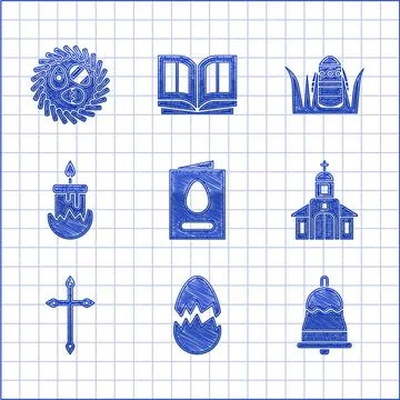 Set Greeting card with Happy Easter, Broken egg, Ringing bell, Church building Stock Illustration