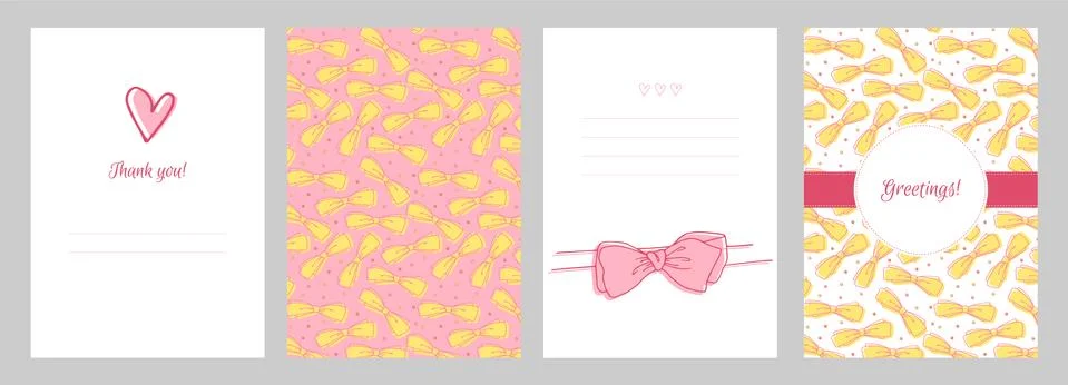 Set of greeting cards. Bright pattern with cute yellow bows. Stock Illustration