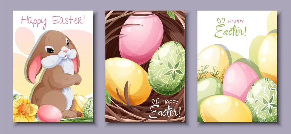 Set of greeting cards for Easter. Poster, banner with Easter bunny and eggs i Stock Illustration
