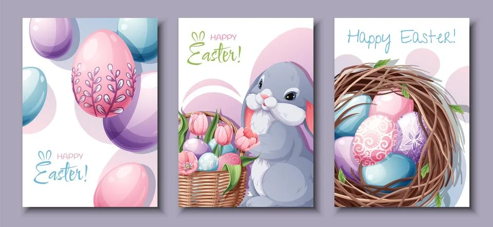 Set of greeting cards for Easter. Poster, banner with Easter bunny and eggs i Stock Illustration