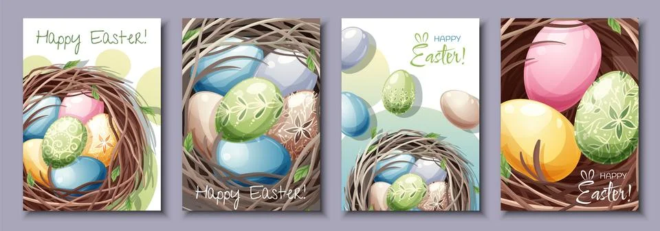Set of greeting cards for Easter. Poster, banner with Easter eggs in the nest Stock Illustration