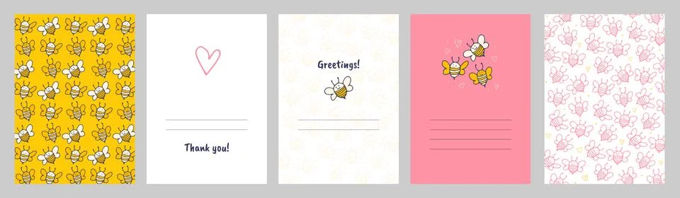 Set of greeting cards. Funny pattern with cute yellow bee. Stock Illustration