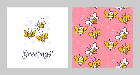 Set of greeting cards. Funny pattern with cute yellow bee. Stock Illustration