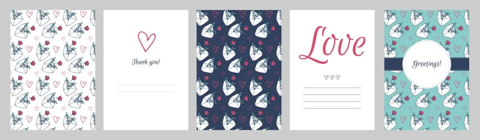 Set of greeting cards. Romantic pattern with envelopes, flowers and leaves. Stock Illustration