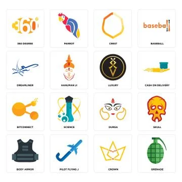 Set of grenade, crown, body armor, durga, bitconnect, luxury, dreamliner, cre Free Stock Illustration