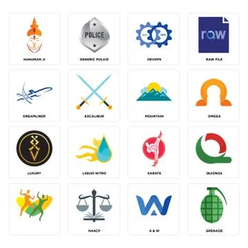 Set of grenade, a &amp; w, , karate, luxury, mountain, dreamliner, devops, hanuma Free Stock Illustration