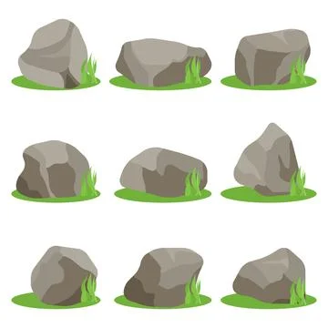 Set of grey boulders and stones on green grass isolated on white background Stock Illustration