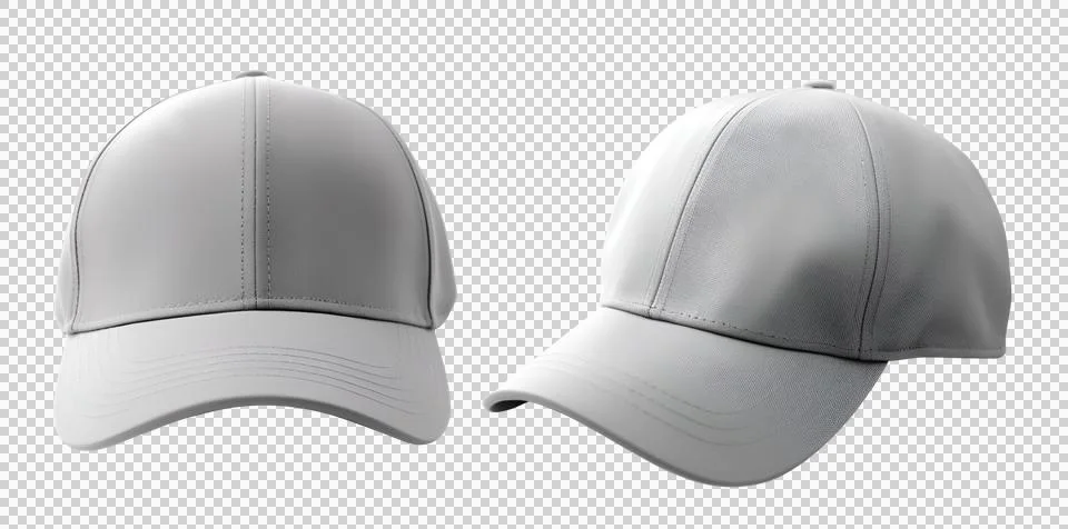 Set of grey gray front and side view hat baseball cap on transparent cutout PNG Stock Photos