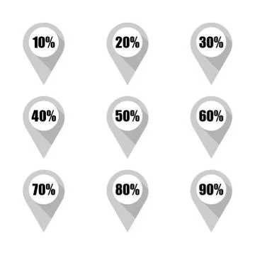 Set of grey map pins with different percentage. Isolated Stock Illustration
