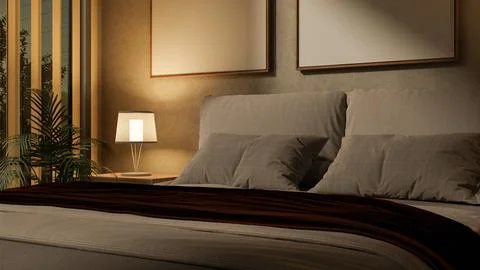 The set of grey pillows and blanket on a large bed in the empty bedroom und.. Stock Illustration