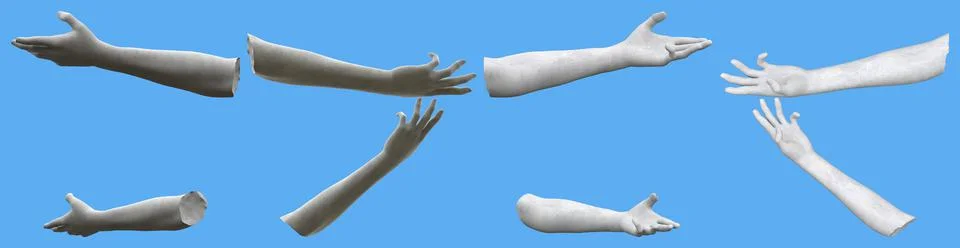 Set of grey stone statue hand realistic renders isolated on blue Stock Illustration