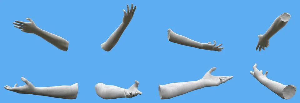 Set of grey stone statue hand realistic renders isolated on blue Stock Illustration