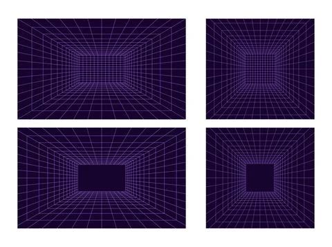 Set of Grid room in perspective in 3d style. Indoor wireframe from violet l.. Stock Illustration