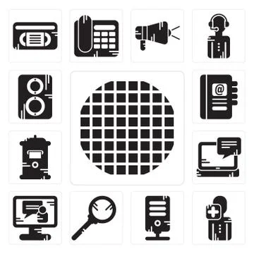 Set of Grid, User, Server, Search, Video call, Laptop, Mailbox, Agenda, Speak 무료 스톡 일러스트