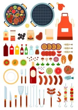 Set of Grill and Beef icons flat vector Stock Illustration