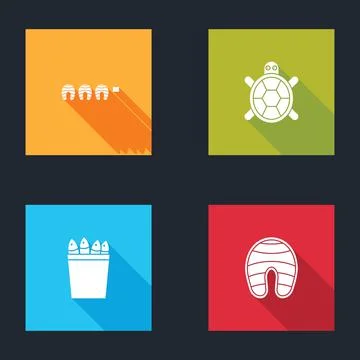 Set Grilled fish steak, Turtle, Fishing bucket with fishes and icon. Vector 스톡 일러스트