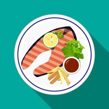 Set Grilled Salmon steak with lemon Stock Illustration