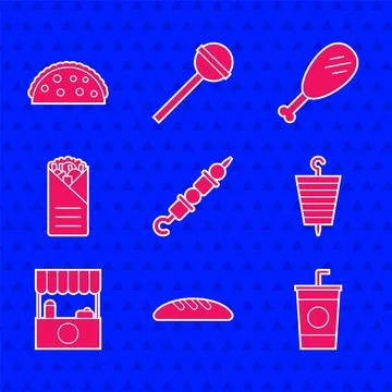 Set Grilled shish kebab, Bread loaf, Paper glass with straw, Street stall awning Stock Illustration