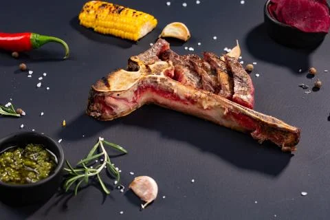 Set of grilled sliced T-bone steak with grilled corn, sauce, chilli, rosemary Stock Photos